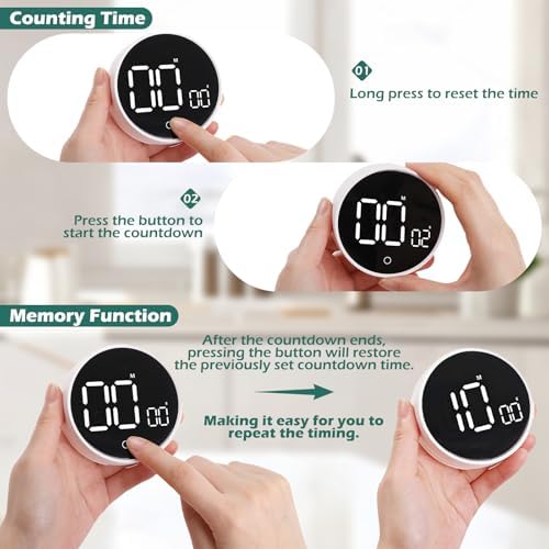GeeRic Digital Kitchen Timers, 199 Minutes Countdown Countup Rotary Timer, Large LED Stopwatch, Volume Adjustable Kitchen, Study, Workout, and Office Timer White