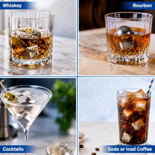 13-Piece Stainless Steel Whiskey Stones Set, 3 Cooling Balls and 8 Cooling Cubes with Tongs and Velvet Pouch (Black Gift Box)