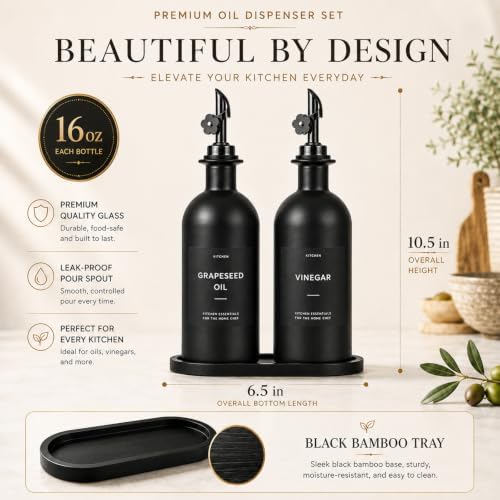 Olive Oil Dispenser for Kitchen, 2-Pack 16oz Black Glass Bottle with Labels