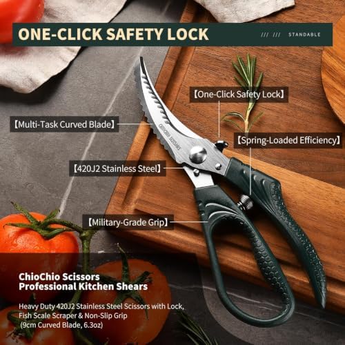 Poultry Shears，Heavy Duty Kitchen Shears with Anti-Slip Handle & Safety Lock，for Meat, Chicken, Bone, Turkey, Fish，Spring-Loaded, Dishwasher Safe