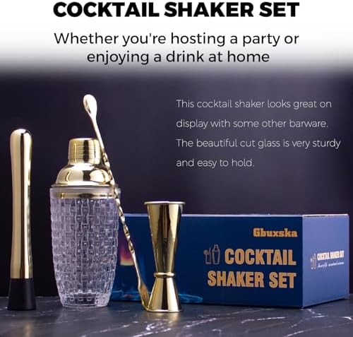 Gold Cocktail Shaker Set with Jigger, Bar Spoon & Muddler