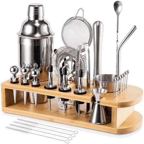 Semderm Cocktail Shaker Set, 26-Piece Premium Mixology Bartender Kit - 18/8 Stainless Steel Bar Set with Bamboo Stand - Includes Mixing Tin, Hawthorne & Mesh Strainer - Professional Gift for Men