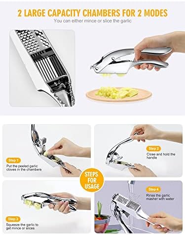 Garlic Press Stainless Steel, 2 in 1 Garlic Mincer, Garlic Slicer, Dual Function Garlic Crusher, Professional Handheld Garlic Squeezer Tool with Anti-Slip Handle, Perfect for Home Cooks