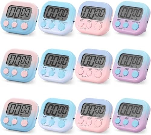 Weewooday 12 Pcs Digital Kitchen Magnetic Timer Bulk Classroom Count up Countdown Egg Timer Cute Desk Stopwatch for Back to School Teacher Kids Cooking Office(Pink and Blue,Gradient Style)