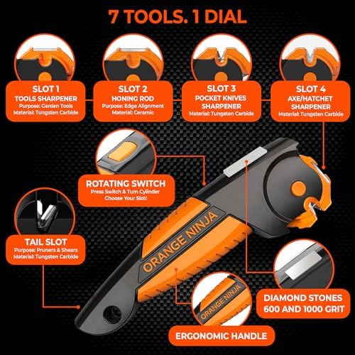 Orange Ninja 7-in-1 Garden Tool & Knife Sharpener – Sharpens Axe, Hatchet, Machete, Pruner & Shears – One Tool for All Your Outdoor Blades – Gift for Gardeners (Pack of 2)