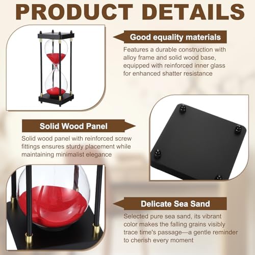 PATIKIL Large Decorative Sand Timer, 60 Minutes Wood Hour Glass Timer Modern Wooden Hour Glass for Cooking Game Office Classroom Kitchen Home, Red(Style 1)