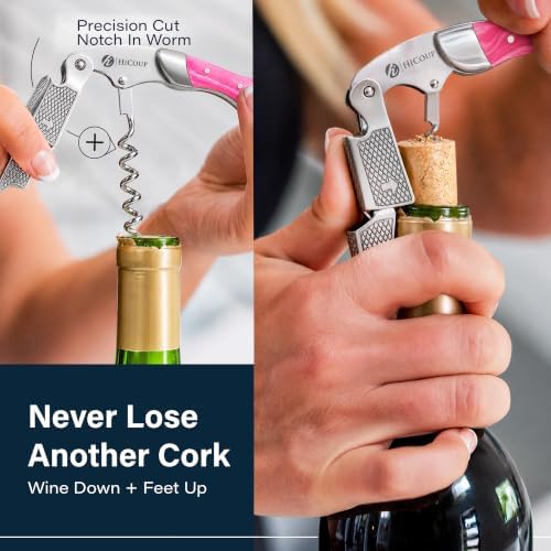 Hicoup Wine Opener - Professional Corkscrews for Wine Bottles w/Foil Cutter and Cap Remover - Manual Wine Key for Servers, Waiters, Bartenders and Home Use - Flamingo Pink & Steel