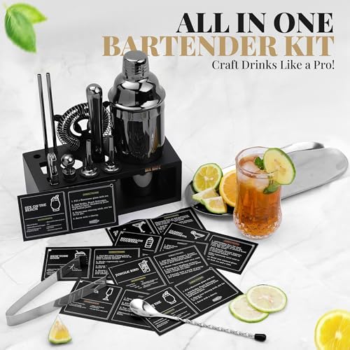 Black Stainless Steel Cocktail Shaker Set with Wood Stand - 15 Piece Bartender Kit with Drink Shaker, Bar Spoon, Jigger, Muddler, Strainer, Bottle Opener, Stopper, Pour Spout, Stirrers, Tongs, Recipes