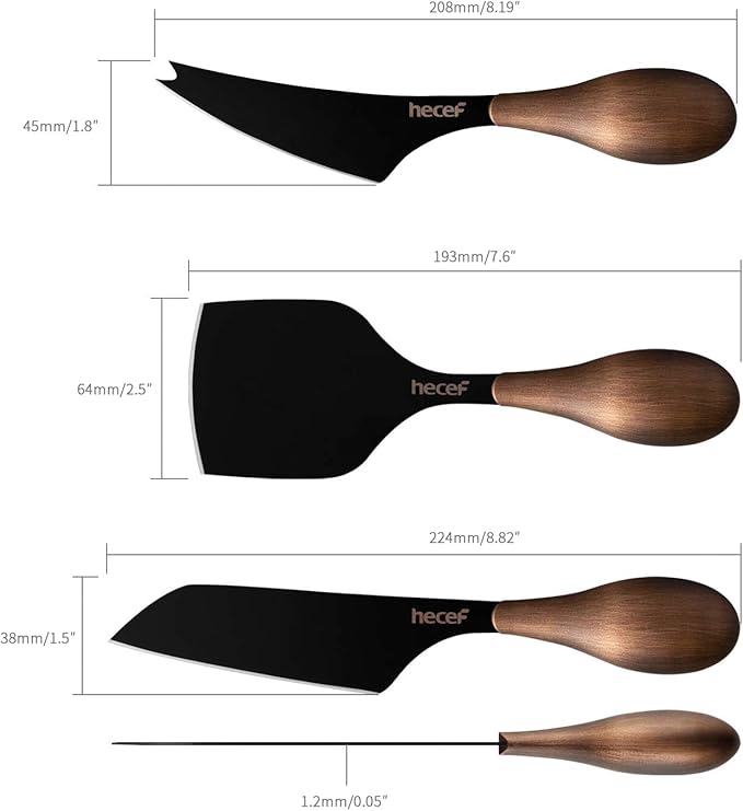 hecef Cheese Knife Set of 3, Bronze Grain Multipurpose Retro Cheese Knives, Set includes Pronged, Hard Cheese & Chisel Knife, Black