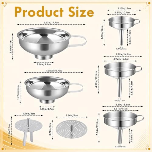 2 Sets Kitchen Stainless Steel Funnel Set Filter Funnel Wide Mouth and Narrow Mouth Each with Removable Fine Mesh Strainer Food Grade Cooking Kitchen with Handles for Liquids Jars Bottles
