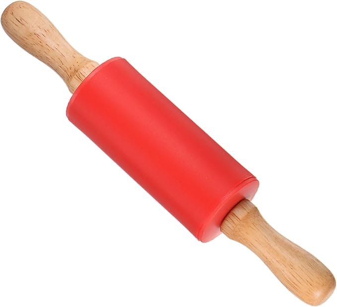 Silicone Rolling Pins, 9.25" Length, Silicone & Oak Non-Stick Ergonomic Wooden Handle Fondant Dough Roller Red - (Applications: for Baking DIY Projects)