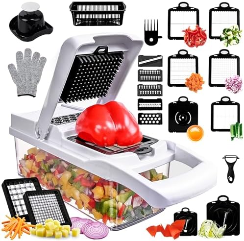 Vegetable Chopper,25 in 1 Multifunctional Food Chopper with Container,Kitchen Vegetable Slicer Dicer Cutter,Veggie Chopper Fruit Salad Potato,13 Blade Stainles Steel Blades（White）