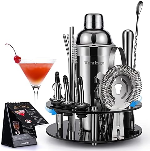 21 Piece Stainless Steel Cocktail Shaker Set Bartender Kit, 25oz Boston Shaker Tool Set with Acrylic Stand and Recipes, Perfect Bar Tools Set for Home or Parties