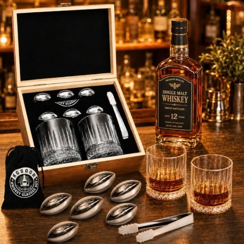 Whiskey Glasses Gift Set – 2 Old Fashioned Glasses with 6 Stainless Steel Football Whiskey Stones, Premium Barware Set, Unique Gift Ideas for Men Him Dad Husband Sports Fan