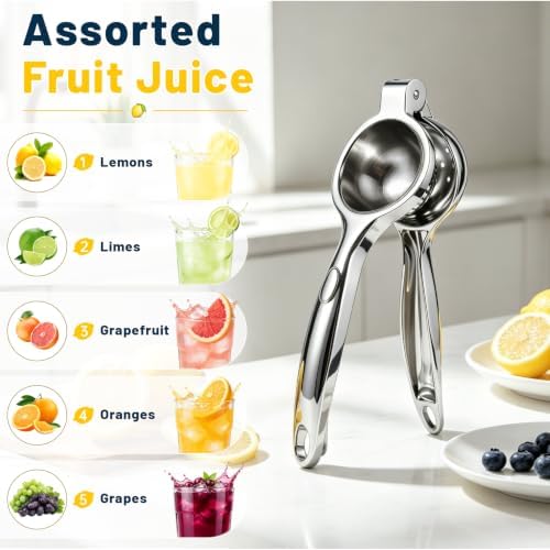 Manual Lemon Squeezer,Heavy Duty Metal Lime Squeezer with Hinged Handle Hand Press Juicer Easy Cleaning for Lemon Lime and Citrus Fruit Silver