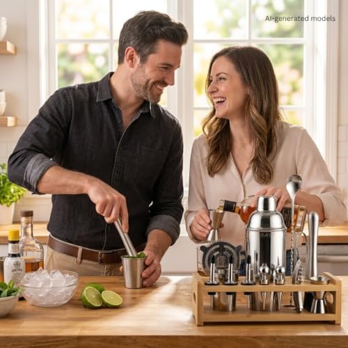Zulay Kitchen 24 Piece Bartender Kit-Stainless Steel Bar Accessories with Display-Modern Mixology Shaker Set for At-Home Cocktails-Use for Mixer, Martini, Margarita and Liquer-Bar Tools (Silver)