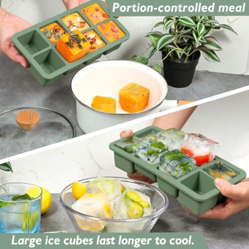 Webake 1/2 Cup Silicone Freezer Tray with Lids, 2Pcs 8-Slot Square Ice Cube Mold, Ideal for Prep & Portion, Large Ice Cube, Storage Soup, Broth, Leftovers, Snack