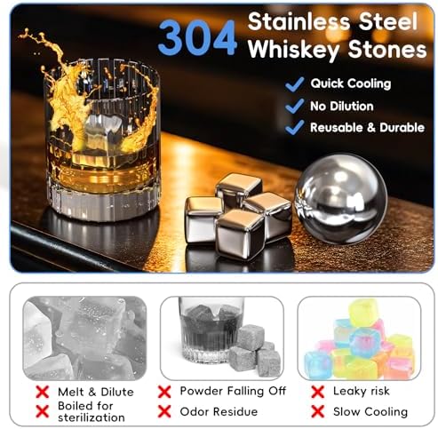 Whiskey Stones Set - Reusable Stainless Steel Ice Cubes & Balls
