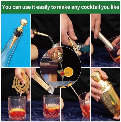 Cocktail Shaker Set Bartender Kit with Bamboo Stand,13 Piece Bar Set Stainless Steel Bar Accessories for Drink Mixing, Bar, Home, Party (Gold)