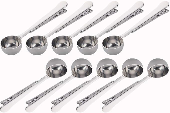 10 Pakcs Scoop and Clip 2 in 1 Stainless Steel 1 tbsp Ground Measuring Spoon with Bag Clip for Coffee Tea