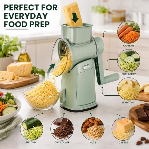 Rotary Cheese Grater Hand Crank, 5-Blade Shredder with Handle, Vegetable Slicer Mandoline Food Chopper, Strong Suction Base Kitchen Gadget for Cheese Vegetables Nuts – Green