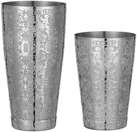Stainless Steel Boston Shaker with Etched Pattern Weighted Shaking Tin Set (Spirit Silver)