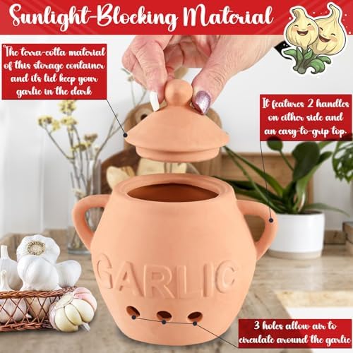Home-X Unglazed Terracotta Garlic Keeper, Kitchen Counter Accessory, Farmhouse Storage Container with Lid, Small Storage Jar for Garlic Bulbs, 5 ¼” D x 4 ¼” H, Terra Cotta