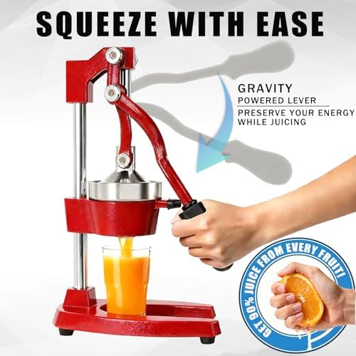 Kitchen Cast Iron Juicer - Easy-to-Clean Heavy-Duty Manual Juicer, Professional Citrus Juicer - Stainless Steel Lemon Squeezer - Manual Citrus Press & Orange Squeezer - Orange Juicer (Red)
