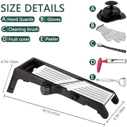 Mandoline Food Slicer for Kitchen, Adjustable Stainless Steel Mandoline Vegetable Slicer, Onion/Potato Slicer/French Fry Cutter, 6-Piece Fruit & Vegetable Cutting Set (Black/Silver)