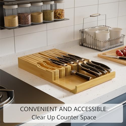Domax Bamboo In-Drawer Knife Block - Kitchen Drawer Organizer Insert, Steak Knife Holder without Knives, Fits 12 Knives and 1 Sharpening Steel (Not Included), Natural