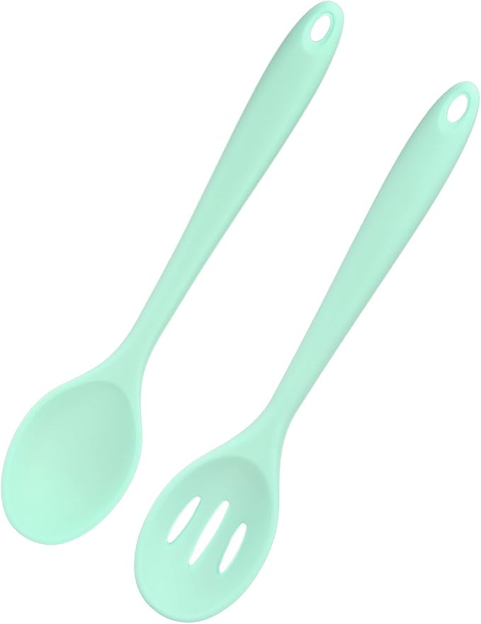 M METERXITY 2-Pack Silicone Spoons for Cooking, 10.6" Mixing Nonstick Slotted and Solid Serving Spoons Heat Resistant Utensils Spoons for Kitchen/Cooking/Baking/Stirring Mixing Tools [Green]
