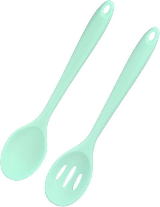 M METERXITY 2-Pack Silicone Spoons for Cooking, 10.6" Mixing Nonstick Slotted and Solid Serving Spoons Heat Resistant Utensils Spoons for Kitchen/Cooking/Baking/Stirring Mixing Tools [Green]