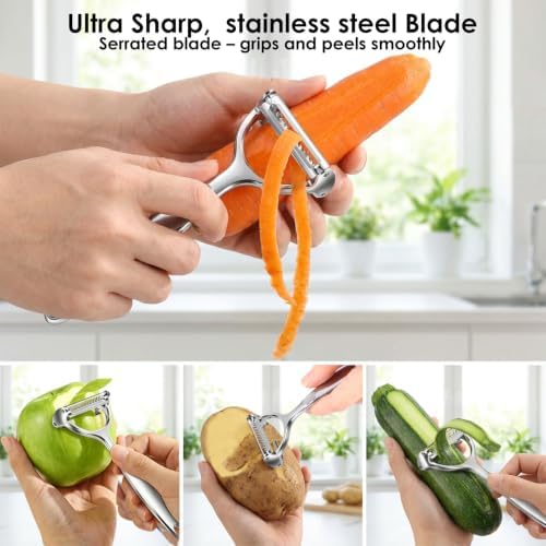 2PCS Julienne Peeler Vegetable Peeler Set, 2-in-1 Potato Peeler for Kitchen, Stainless Steel Dual Blade Y Peeler for Carrot Cucumber Citrus, Left & Right Handed