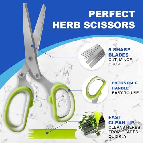 2 Pack Green Herb Scissors, Shallot Scissors, Multipurpose 5 Blade Kitchen Herb Shears, Herb Cutter with Safety Cover and Cleaning Comb for Chopping Shallot Basil Chive Parsley