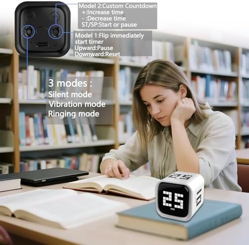 Rotating Focus Timer, 5/25/10/60-Minute Pomodoro Timer, Desk Flip Countdown with Vibration & Volume Control, ADHD-Friendly Tool for Office, Study, and Kitchen (White)