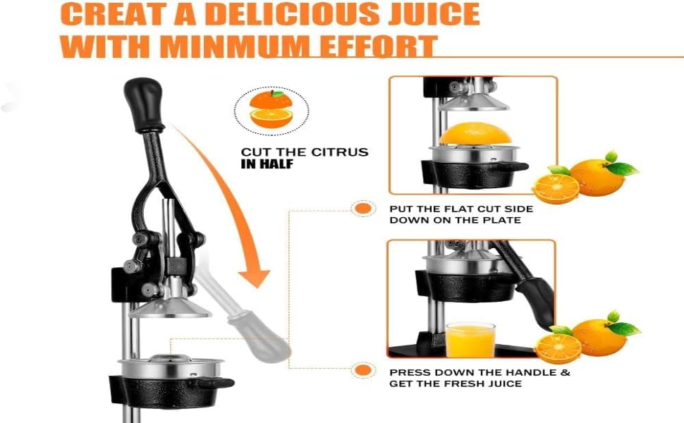 Ultra-Premium Cast Iron Juicer | Extra-Large, Heavy Duty, Commercial Grade, Stainless Steel Manual Hand Press Citrus Squeezer For Fresh Orange Juice, Pomegranate, Lemon, and Much More (Black)