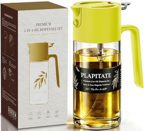 PLAPITATE 17oz/500ml Premium Olive Oil Sprayer for Cooking, 2 in 1 Glass Olive Oil Dispenser Bottle for Kitchen Gadgets, Spray Bottle with Portion Control for Salad, Frying, BBQ (Lime Yellow)