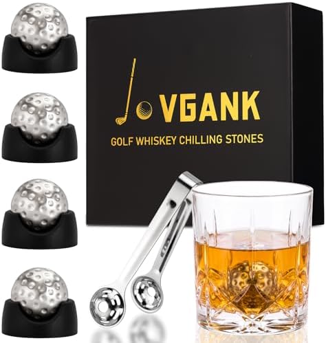 JOVGANK Golf Ball Whiskey Chilling Stones Set of 4 - Men's Golfer Gifts, Stainless Steel Reusable Ice Cubes, Metal Ice Balls for Scotch, Bourbon, Unique Fathers Day Birthday Gifts for Dad Him Husband
