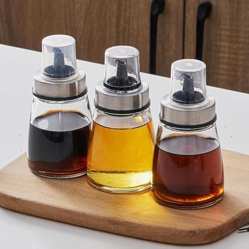 PARENCE. - Oil Bottle 200 ml with Pouring Cap - Glass and Stainless Steel Dispenser - Container for Oil, Vinegar, Sauce - 6.5 x 6.5 x 12.5 cm - Precise and Dripless Pouring