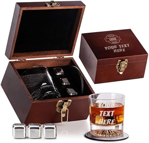 Custom Monogram Whiskey Gift Set Since Year Glass Wood Box for Men