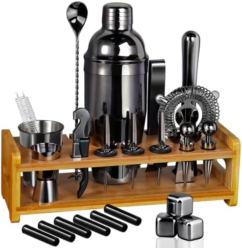 26-Piece Bartender Kit Cocktail Shaker Set | Stainless Steel Bar Set with Bamboo Stand Bar Tools Cocktail Kit for Christmas Drink Mixing,Home Bar Party Gift Bartending Kit Black