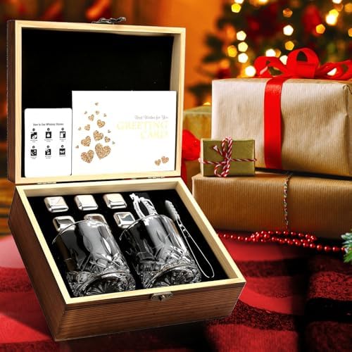 Whiskey Stones and Whiskey Glasses Set of 2, Cool Bourbon Gifts for Men