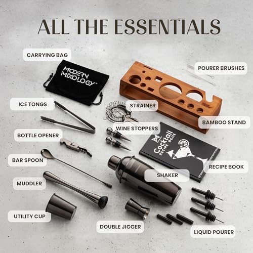 Modern Mixology Pro-Graded Cocktail Shaker Set with Stand | Complete Bartender Kit | 24oz Martini Shaker, Jigger, Strainer, Bar Spoon, Tongs, Opener, Muddler, Home Bar Essentials