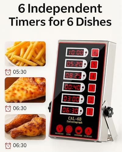 Commercial 6 Channel Kitchen Timer, Digital Stainless Steel Restaurant Timer with Loud Alarm, Multi-Event Reminder for Fryer, Baking (Pack of 2)