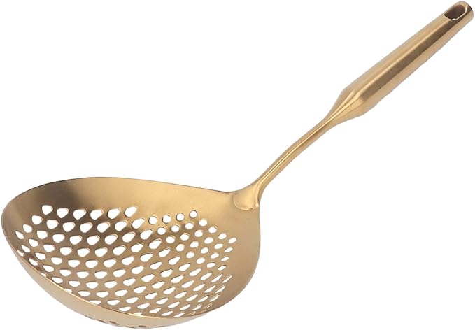 Skimmer Ladle, 304 Stainless Steel Slotted Spoon, Long Handle, Large Flow, Gold, 15.7x5.7 Inch, for Fried Food