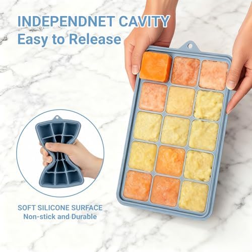 Silicone Ice Cube Trays, Easy Release Ice Cube Molds with Removable Lid, Freezer Stackable Ice Trays for Whiskey, Cocktail, Drinks and Food, Freezer, BPA Free