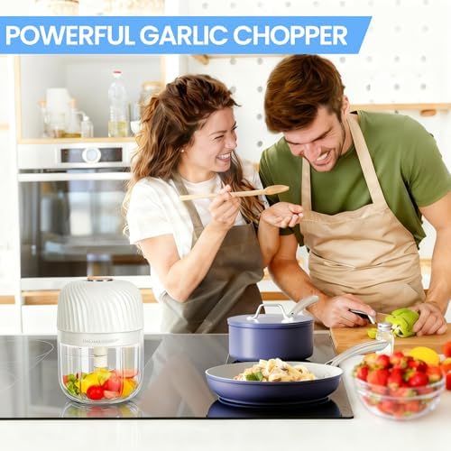 Electric Garlic Chopper 350ML, Mini USB Rechargeable Veggie Chopper, Cordless Garlic Mincer Onion Chopper Food Chopper for Ginger Chili Meat Sauce, Wireless Food Processor, White