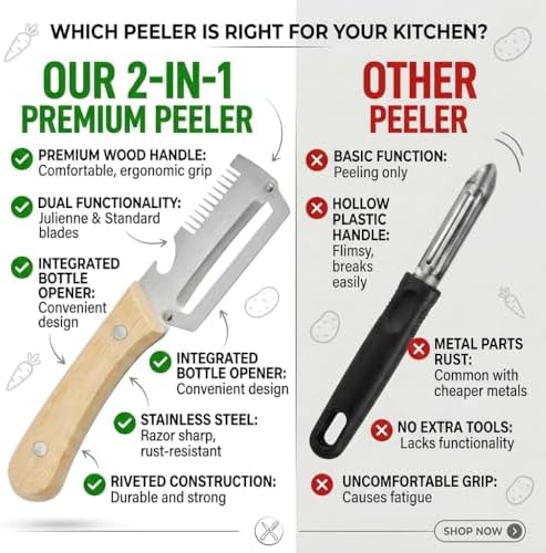 Multifunctional Vegetable Peeler Set, 2 Pack Ultra Sharp Stainless Steel Vegetable Peelers for Kitchen, Heavy Duty Wooden Handle Potato, Fruit & Vegetable Peeler with Julienne Blade, Bottle Opener