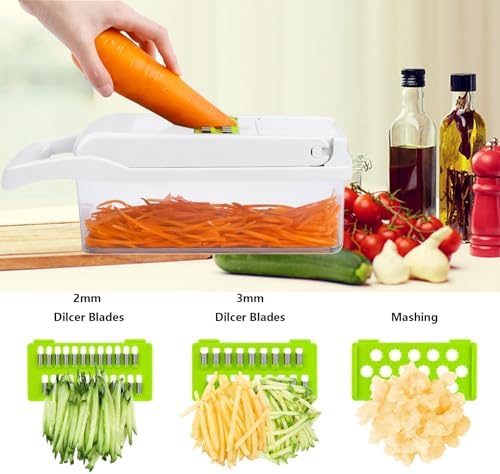 Vegetable Chopper,Multifunctional 13 in 1 Food Slicer For Kitchen.Veggie Chopper Cutter With 8 Blades And Container For Salad, Onion, Garlic (White)