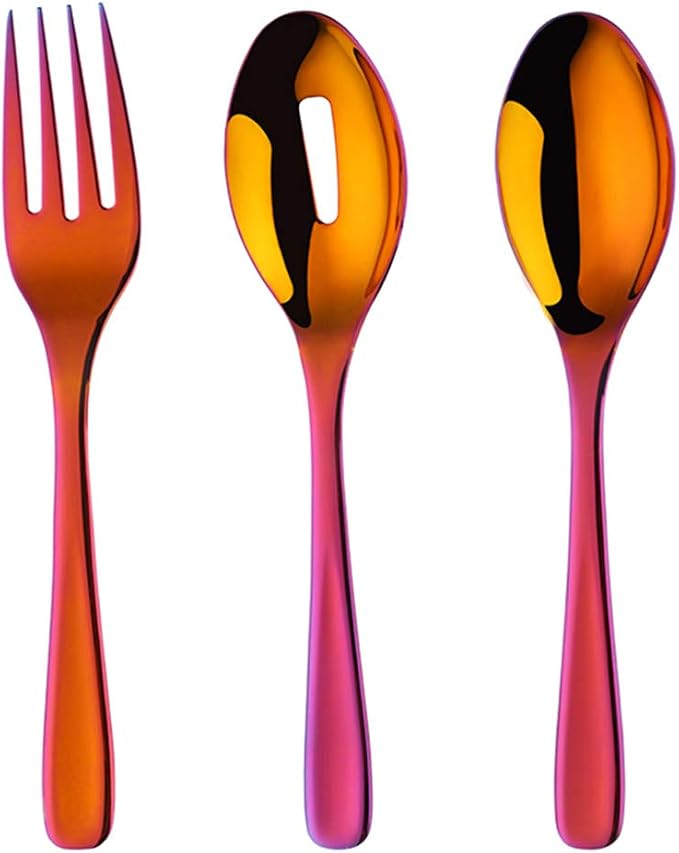 Long Handle Serving Set, 10 inch Stainless Steel Polished Serving Spoon, Fork, Slotted Spoons, Set of 3 (Multi)